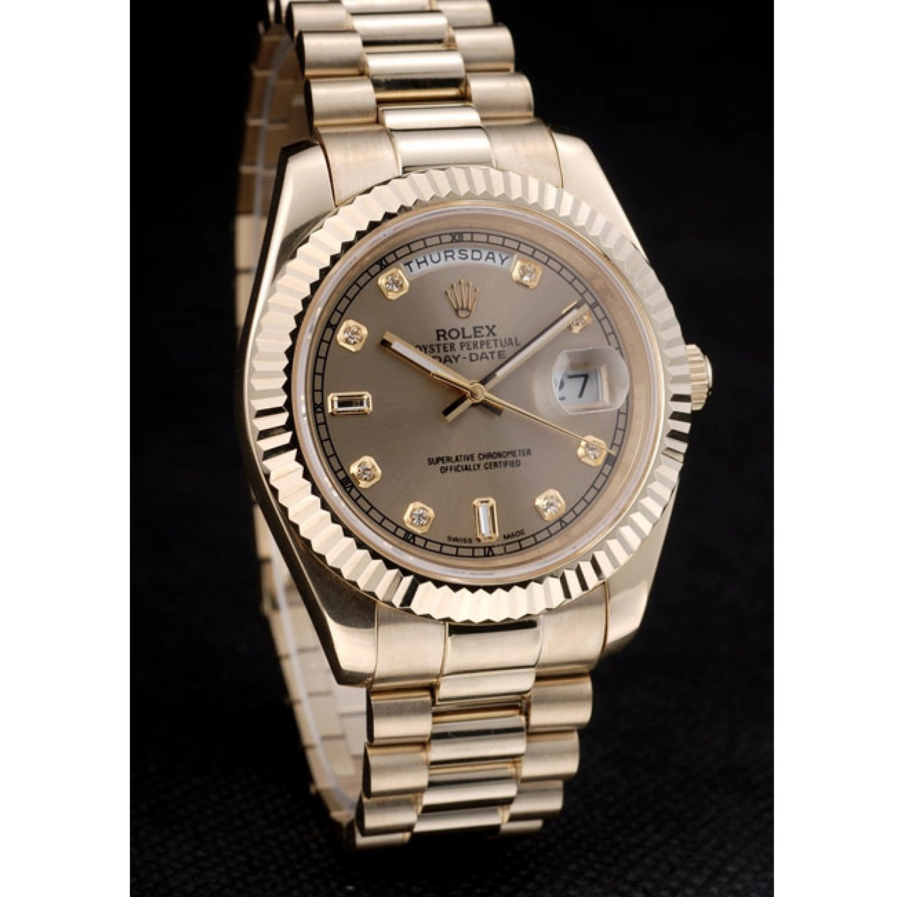 Aaa fake watches Swiss Ribbed Gold Steel Rolex Dial Bezel Stainless DayDate 41997 Gold 0814